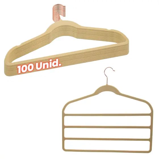Kit 100 Cabides Veludo bege Gancho Rose + 5 Cabides 4 Calças