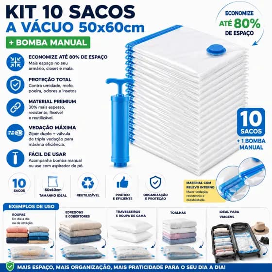 Kit 10 Saco À Vácuo 50x60cm Otimização De Espaço + Bomba