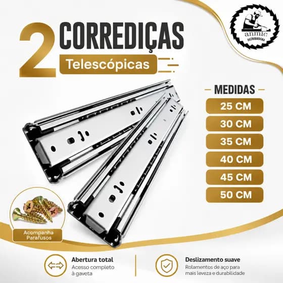 Kit 2 Corrediças de Gaveta Armarios Trilho Telescópica Light 25cm 30cm 35cm 40cm 45cm 50cm Aço Leve