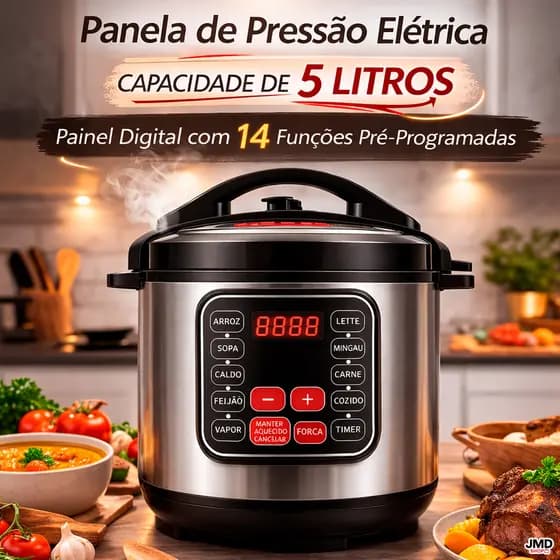 Panela De Pressão Elétrica 5 Litros Inox Preta Digital Aquecimento Timer Alta Capacidade