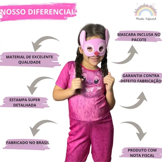 Fantasia Stitch Lilo Angel Com Máscara Luxo Crianças Tendências - Envio Imediato