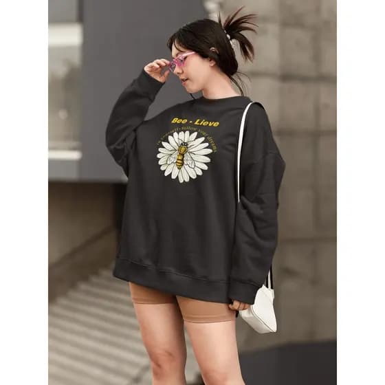 Moletom Blusa de Frio Básico Urbano Feminino Estampado Gola Redonda Confortável - Bee