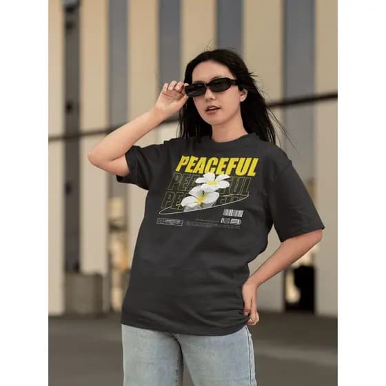 Camisa Camiseta Tshirt Ombro Caido Oversized Gola Alta Streetwear p Dia a Dia Treinar Academia Estampado - PEACEFUL