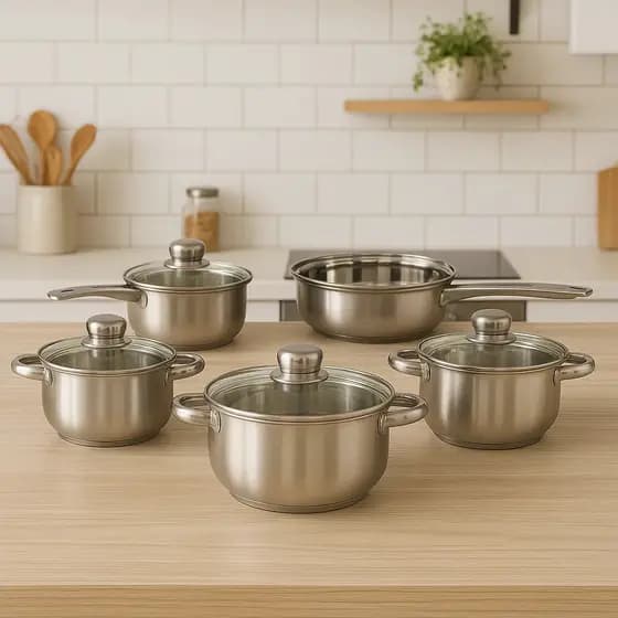 Jogo de Panelas 5 Peças Aço Inox com Tampa de Vidro Conjunto Kit Cozinha Restaurante Comida Almoço Jantar Inoxidável