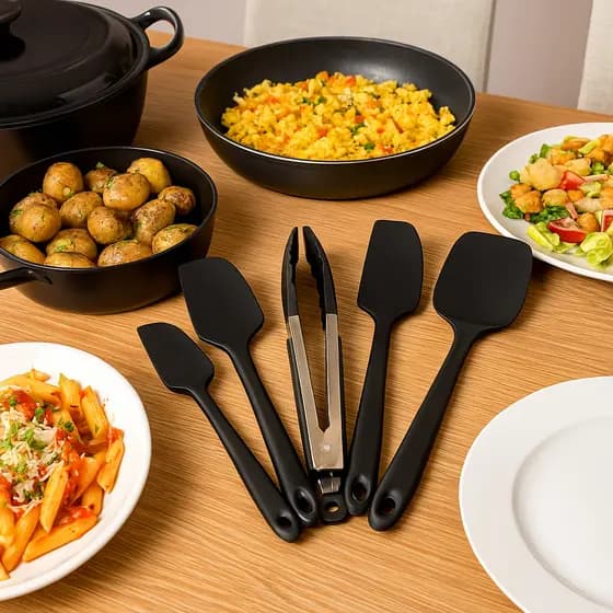 Jogo de Utensílios de Silicone para Cozinha 5 ou 8 peças Kit Conjunto Espátula Pegador Concha Colher Batedor Pincel