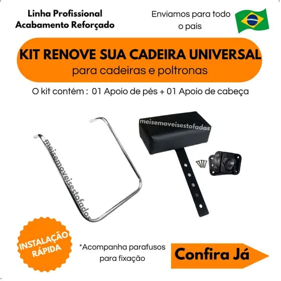 kit renove sua cadeira: apoio de cabeça ajustável universal + apoio de pés 2 furos, com parafusos