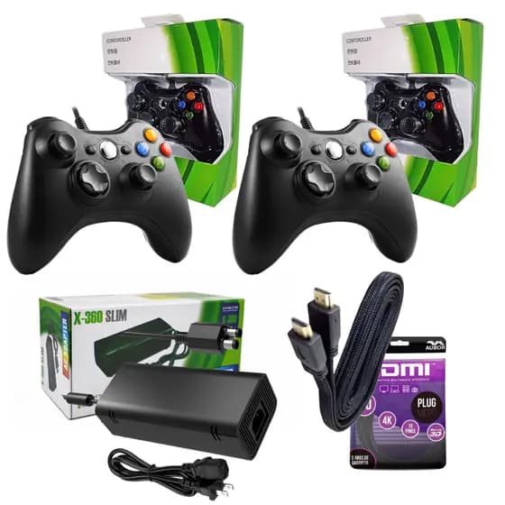 Kit de Acessórios Para Console Xbox 360 Slim 2 Controles + Cabo Força + Fonte Bivolt + Cabo HDMI 4K