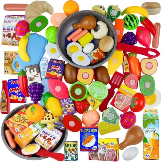 Kit De Comidinhas E Frigideira Infantil De Brinquedo + Frutas De Cortar Infantil Comidinhas