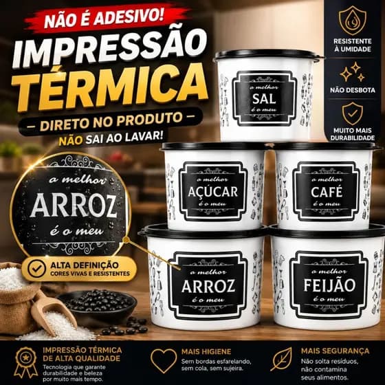 Kit 5 Potes de Mantimentos Plástico Decorado Preto Frases