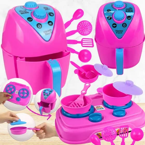 Kit Cozinha Infantil Fogão Airfryer Jogo Panelinhas De Brinquedo Cooktop Comidinha Educativo Menina