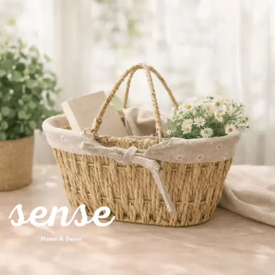 Cesto Artesanal em Vime com Forro Floral Removível Oval ou Quadrado Organização de cosméticos