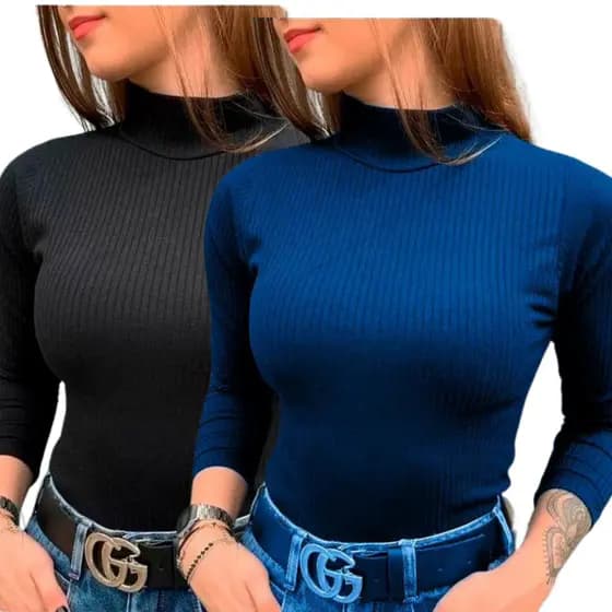 Kit 2 Blusa de Frio, CACHARREL Feminina, Gola Alta, Modelo CANELADO, Moda Outono Inverno