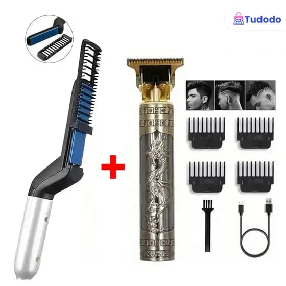 KIT 2 Escova Barba Chapinha Modelador Pente e Máquina De Cortar Cabelo Para Barba-Kit cuidados masculinos