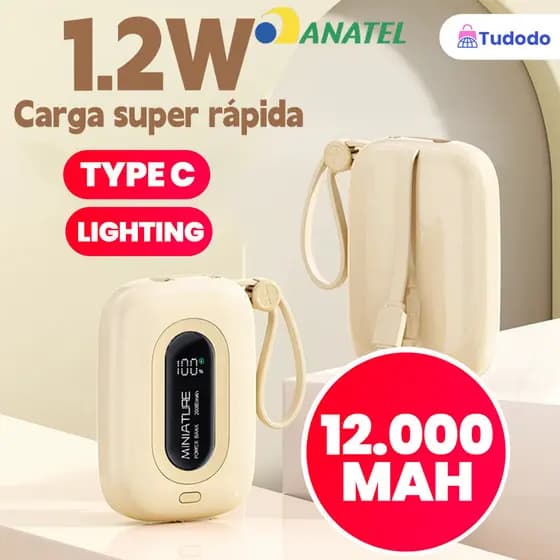 Carrega super rápido power bank de 12.000 mAh com USB universal, compacto, portátil e com exibidor numérico.