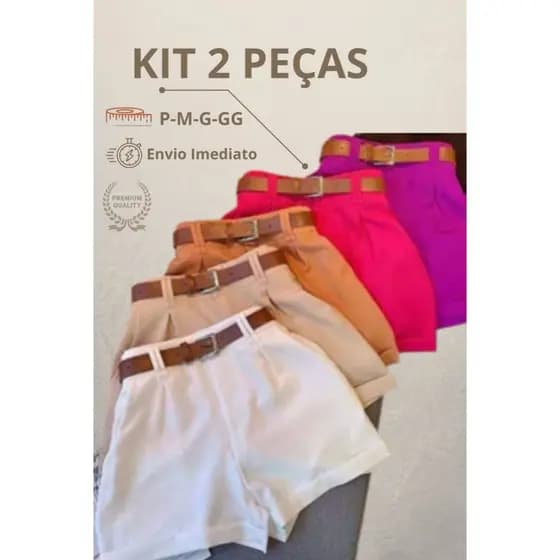 Kit 2 Shorts Alfaiataria Feminino Com Bolso Com Cinto Cintura Alta Shorts Elegante Envio Imediato