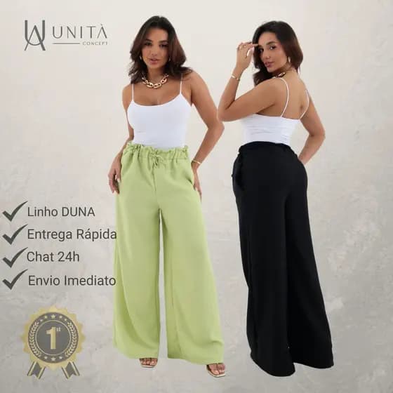 Calça Pantalona Linho Duna Com Bolso Cintura Alta Feminino Tamanho Único Envio Imediato