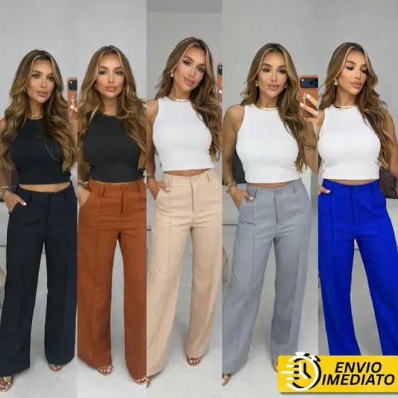 Calça Feminina Reta Alfaiataria Cintura Alta Pantalona Wide Leg PROMOCAO