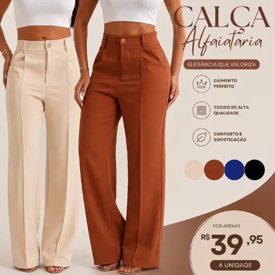 Calça Feminina Reta Alfaiataria Cintura Alta Pantalona Wide Leg PROMOÇÃO