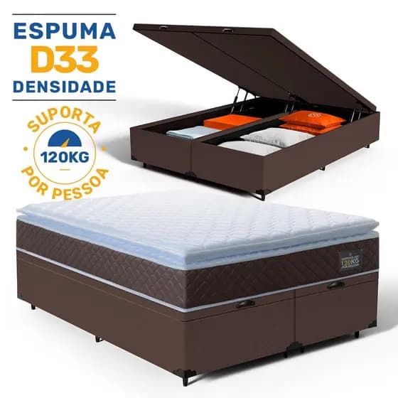 Cama Box Baú com Colchão de Espuma D33 Pillow Top Comfort Luxo King 193cm