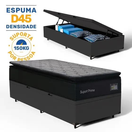 Cama Box Baú com Colchão de Espuma D45 Pillow Top Suport Prime Solteiro 88cm
