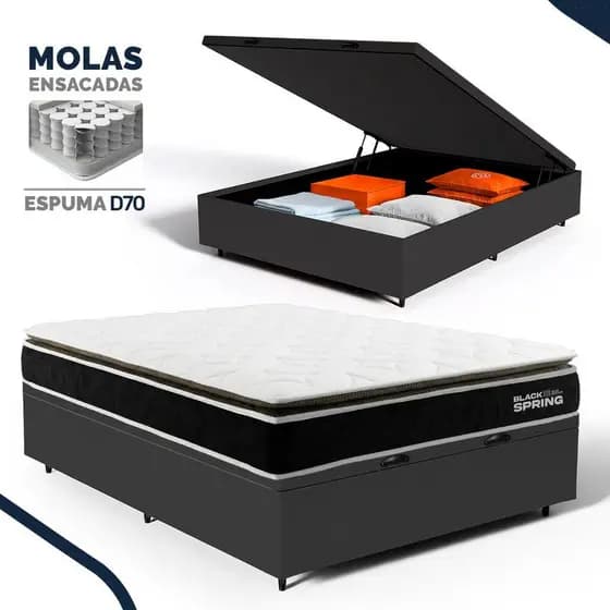 Cama Box Baú com Colchão de Molas Ensacadas Pillow Top Black Spring Topazio Casal 138cm
