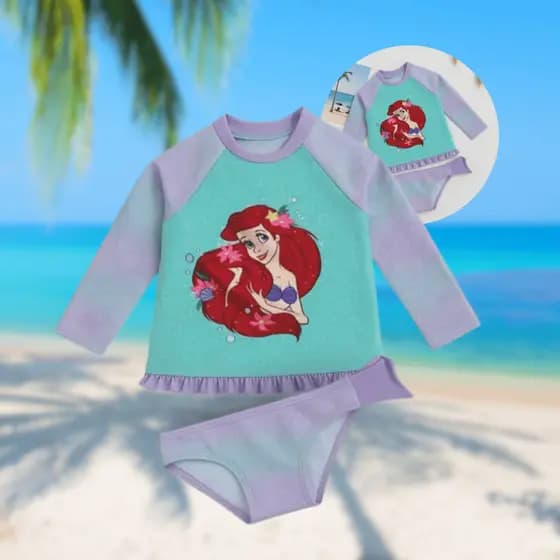 Camisa De Proteção Solar Uv50+ com Calcinha Menina Térmica Pequena Sereia Ariel Infantil Biquini