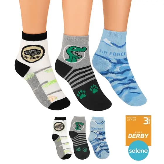 Kit 3 Pares Meia Infantil Masculina Selene Estampada Derby Cano Curto Confortável Algodão