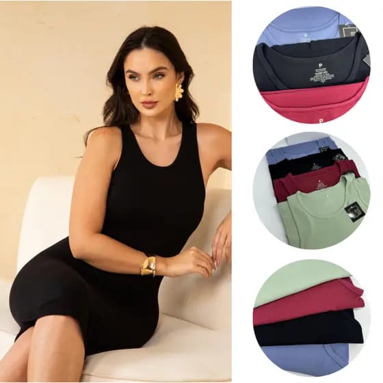 Vestido Canelado Midi Tubinho Feminino Confortável Estiloso Versátil Poliamida Casual Elegante Verão