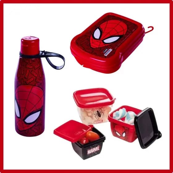 Kit 3 Potes para Armazenamento de Alimento Sanduicheira Garrafa Plasútil Homem Aranha Plasutil Lanche Volta as Aulas