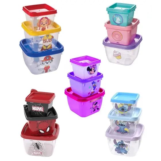 Kit 3 Potes Lanche Passeio Plasútil Unicórnio Lillo Stitch Homem Aranha Patrulha Bebe Criança Escola Donuts