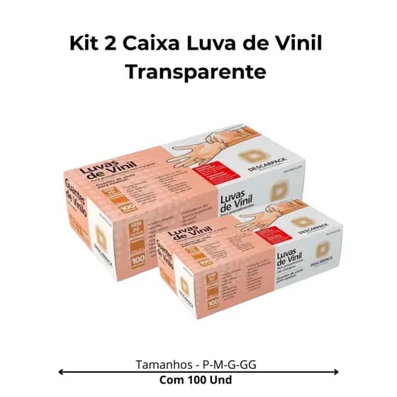 Kit Até 2 Luva Vinil Transparente Descartável sem Pó - 100 a 200 Unidades Uso Diário