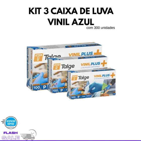 Kit Até 3 Caixas de Luva Vinil Azul Descartavel - 300 Unidades
