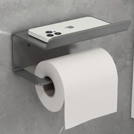 Suporte de Banheiro p/ Papel Higiênico Premium em Aço Inoxidável Cor Preto | Com Apoio Para Celular e Objetos