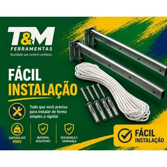 Varal em Alumínio Premium de Parede Reforçado Kit Instalação Suporta 80KG