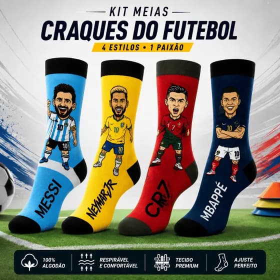 Kit Meias Personalizadas Copa Meninos Meia Algodão Ney CR7 Meias Algodão Futebol Craques