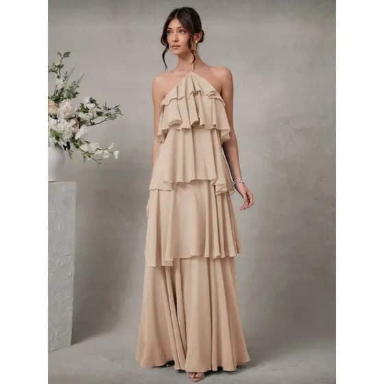 Vestido Elegante e Romântico de Convidado de Casamento Longo Maxi de Chiffon com Detalhe Franzido e Decote Halter Sólido