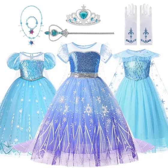 Meninas Elsa Princesa Vestido 6 Peças Conjunto Com Coroa Luvas Colar Ternos Crianças Neve Rainha Cosplay Traje