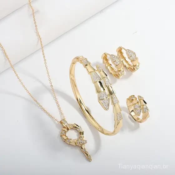 Conjunto de Joias de Luxo para Mulheres, Colar em Forma de Cobra com Zircônia, Conjunto de 4 Peças