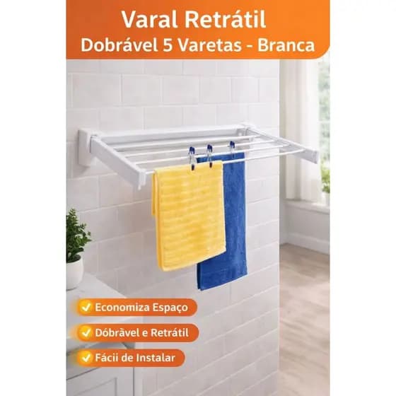 Varal Retrátil Dobrável 5 Varetas - Branca Invisível Não Enferruja até 5kg Apartamento Prático