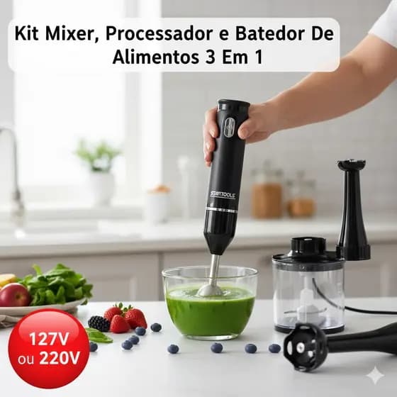 Kit Mixer, Processador e Batedor De Alimentos 3 Em 1 127V/220V - Sortida