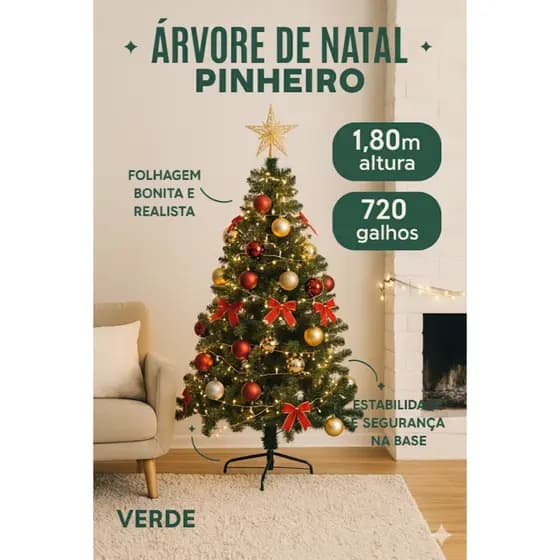 Árvore De Natal Pinheiro 1,80m 720 galhos - Verde