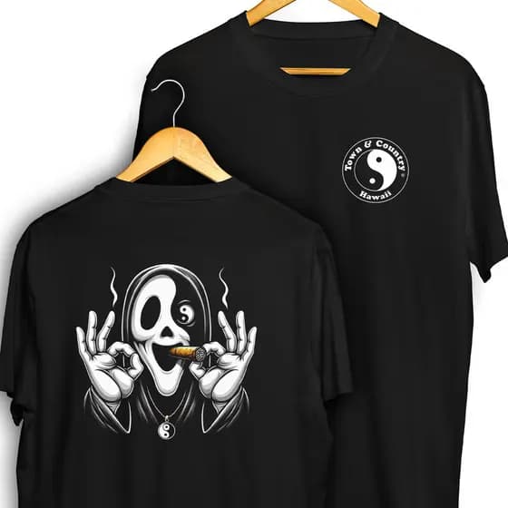 Camisa Town E Country Hawaii Frente e Verso Ghost Face Charuto Ying Yang Mandrake Camiseta 100% Algodão