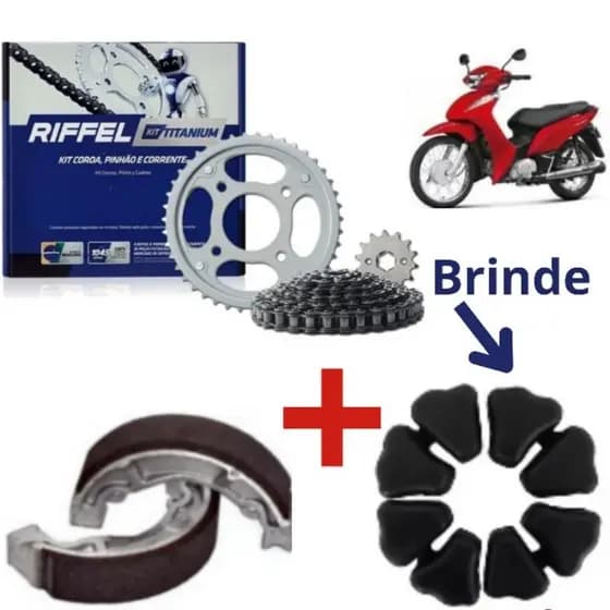 Kit Relação Transmissão Tração Original RIFFEL BIZ 125 e POP 100 + Patins (Lona) De Freio + Coxim (Bucha) Da Coroa