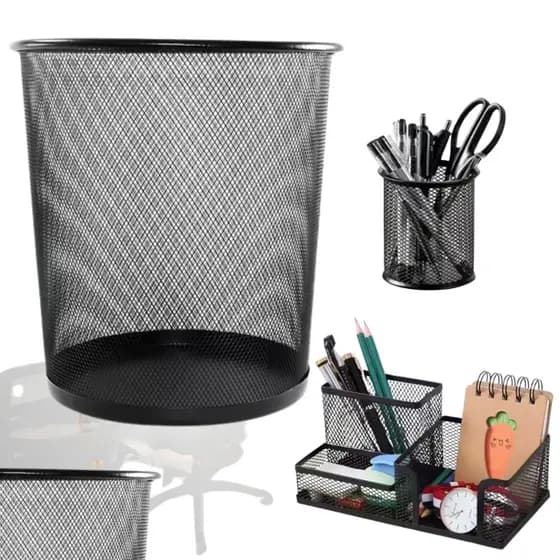 Kit Escritório Organizador Porta Caneta Lixeira 12 Litros de Metal Porta Treco 3 Divisórias Clips