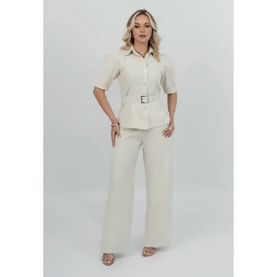 Conjunto Feminino Alfaiataria Blusa Cinto E Calça Social - Martha