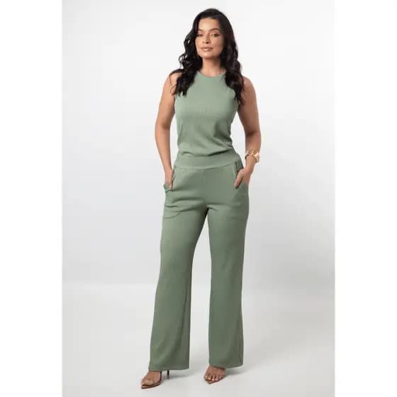 Conjunto Feminino Calça Pantalona Cintura Alta + Blusa Regata Gola Alta Canelado Elegante - Elisa