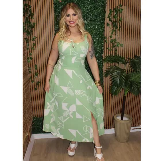 VESTIDO MIDI ROMANTICO COM ESTAMPA QUADRICULADO Y ALÇAS.