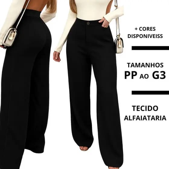 Calça Pantalona Feminina Alfaiataria Premium COM BOLSO - Social Cintura Alta - Wide Leg Elegante Do PP ao XG
