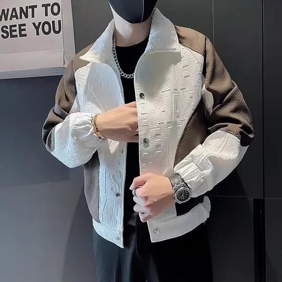 Primavera outono Street Wear rufião bonito jaqueta de lapela masculina fino-ajuste costura Cardigan contraste cor na mod