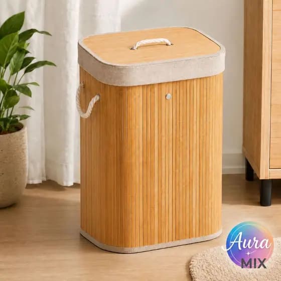 Cesto De Roupa de Bambu Dobravel Organizador 50Litros Forrado Banheiro 50 litros Grande Cesto Retangular